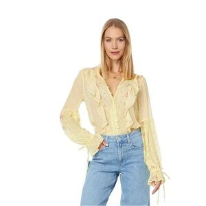 Paige Haiku 100% Silk Pale Daffodil Multi Ruffle Tie Sleeves Blouse Size S Boho